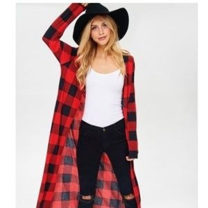 Long Checkered Red Buffalo Plaid Cardigan